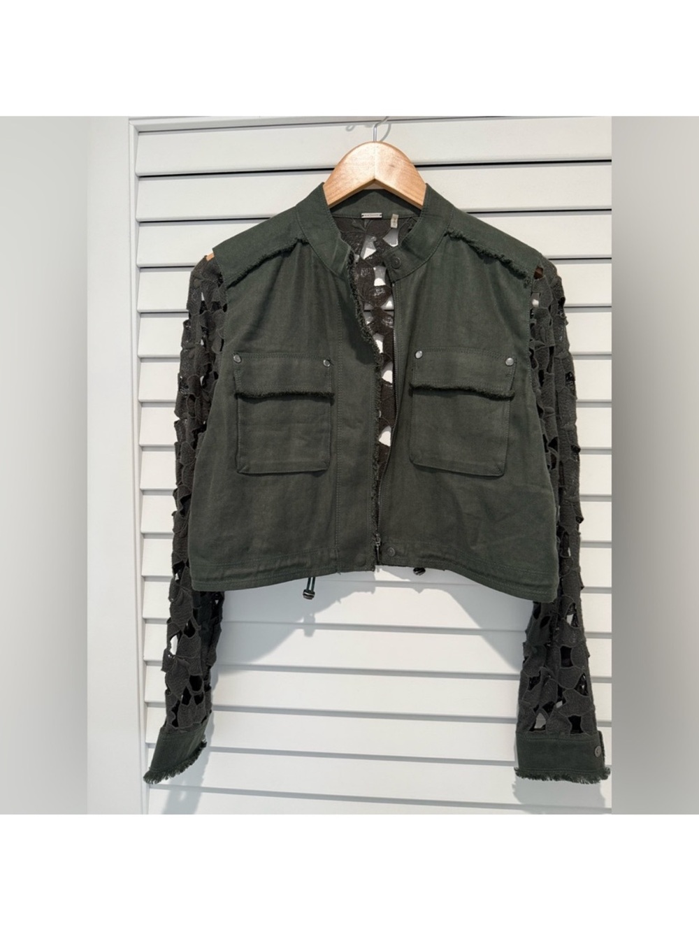 Elie Tahari Green Cotton Utility Jacket with Lace-Up Sleeves
